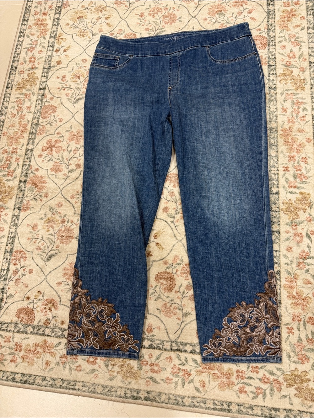 Chico's Blue Cropped Jeans with Brown Floral Embroidery